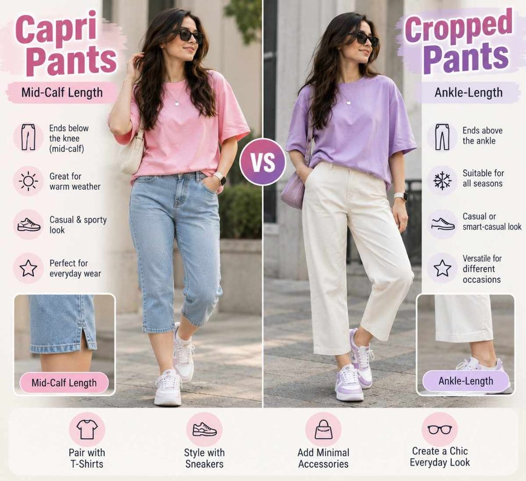 Capris and cropped pants showing the difference in pant length