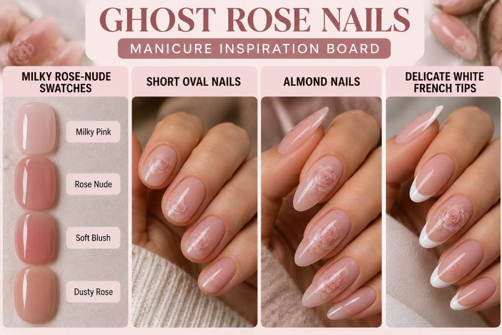Ghost Rose Nails inspiration featuring milky pink polish, oval and almond shapes, and French tips