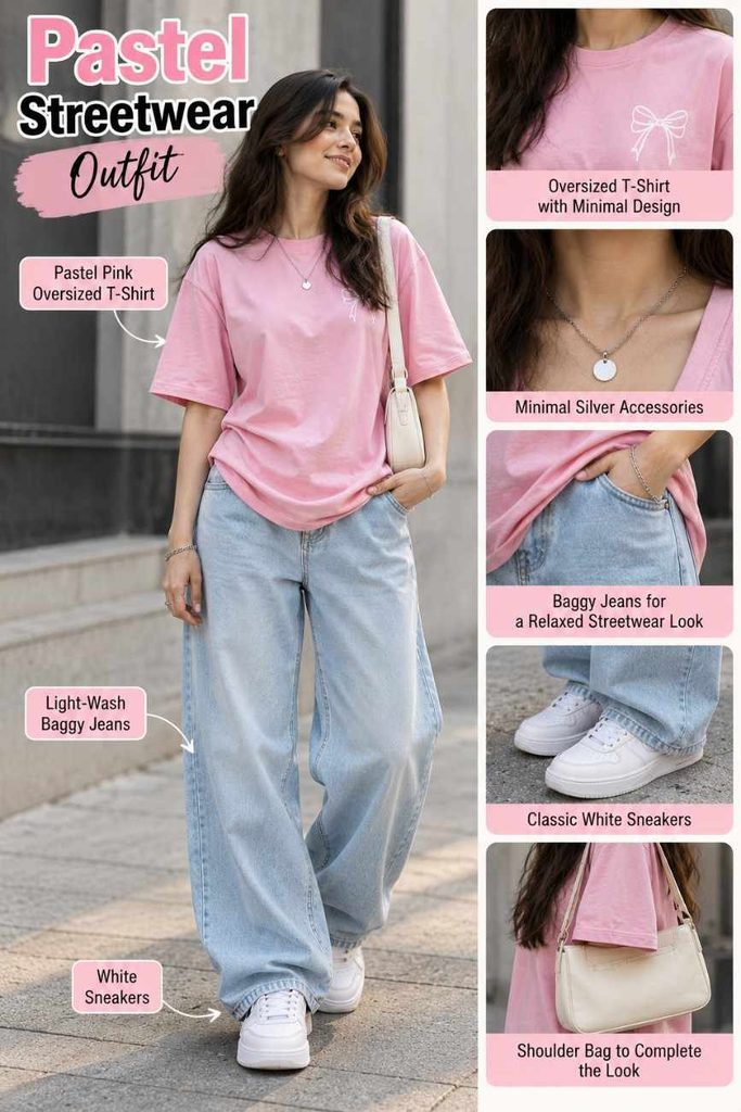 Pastel pink oversized T-shirt styled with baggy jeans and white streetwear sneakers