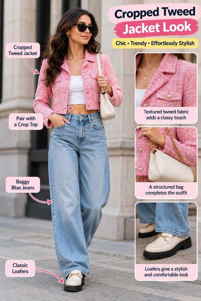 Combine a cropped tweed jacket with baggy jeans for a modern casual outfit