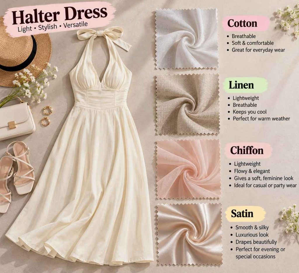 Cotton linen chiffon and satin fabrics for choosing a halter top dress