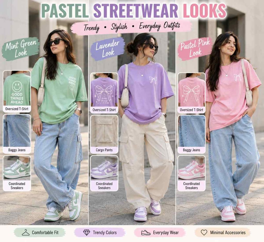 Mint green, lavender, and pastel pink streetwear outfits with baggy pants and sneakers