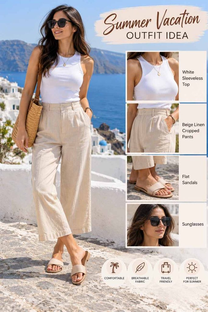 Summer outfit with beige cropped pants and a white sleeveless top